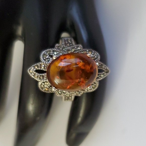 Sterling Silver 925 Amber and Marcasite Nugget Ring - Picture 5 of 10